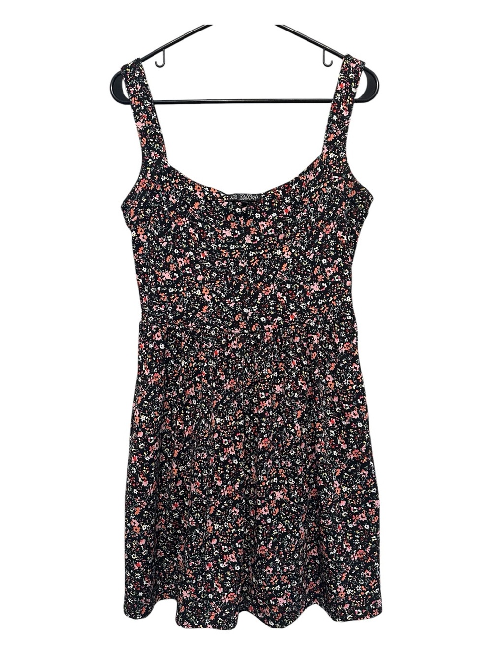 Late Y2K BeBop Black Floral Mini Dress with Pink & White Accents (& Pockets!) M